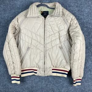 Sears Quilted Bomber Jacket Mens Size M Beige Puffer Retro Full Zip Ribbed Hem